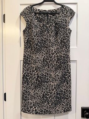 Sleeveless Leopard Print Midi Dress - Black and Cream Size 12 Like New